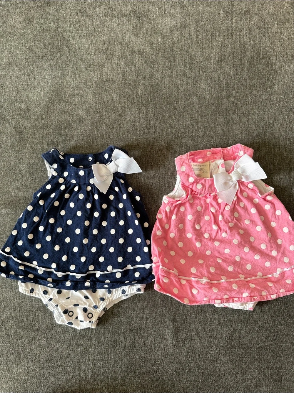 Two First Impressions Navy & Pink Polka Dot One-Piece Bodysuits with Bows